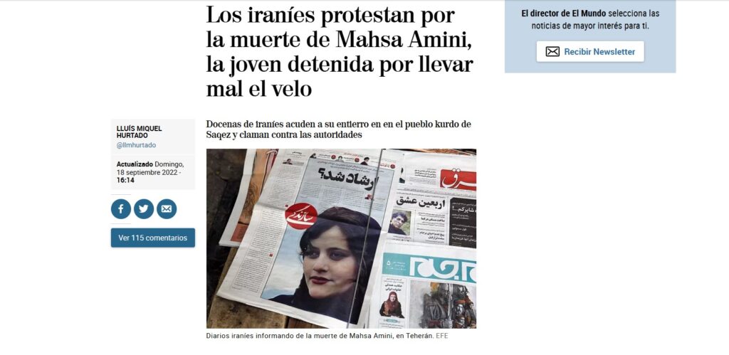Noticia de El mundo 2022 de Mahsa Amini sobre su muerte.
